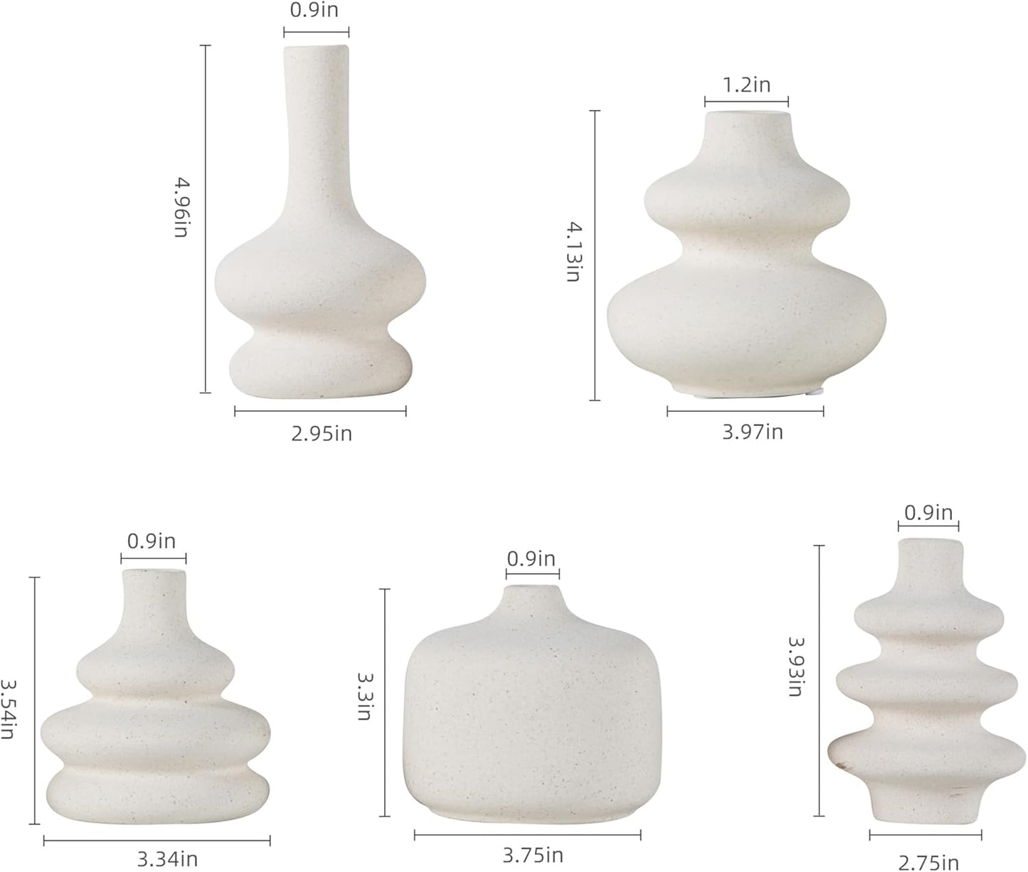 Small White Ceramic Vases Set of 5, Mini Decorative Boho Vases for Flower, Wedding & Home Decor