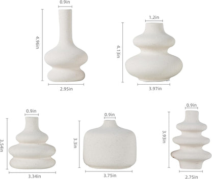 Small White Ceramic Vases Set of 5, Mini Decorative Boho Vases for Flower, Wedding & Home Decor