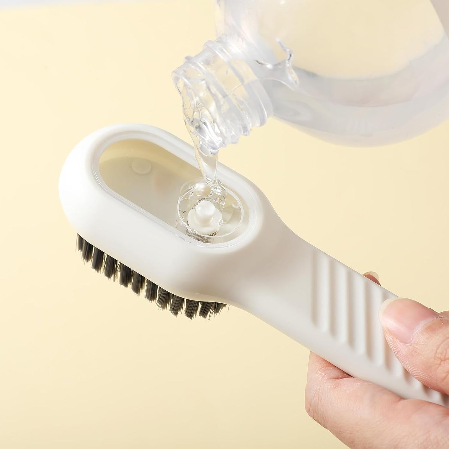 2 Pcs 2 in 1 Multifunction Cleaning Brush Shoe Laundry Brush Liquid Box Soap Dispenser Scrub Brushes for Cleaning Liquid Adding Soft Brushes Hooks for Washing Clothes Household Bathroom Kitchen