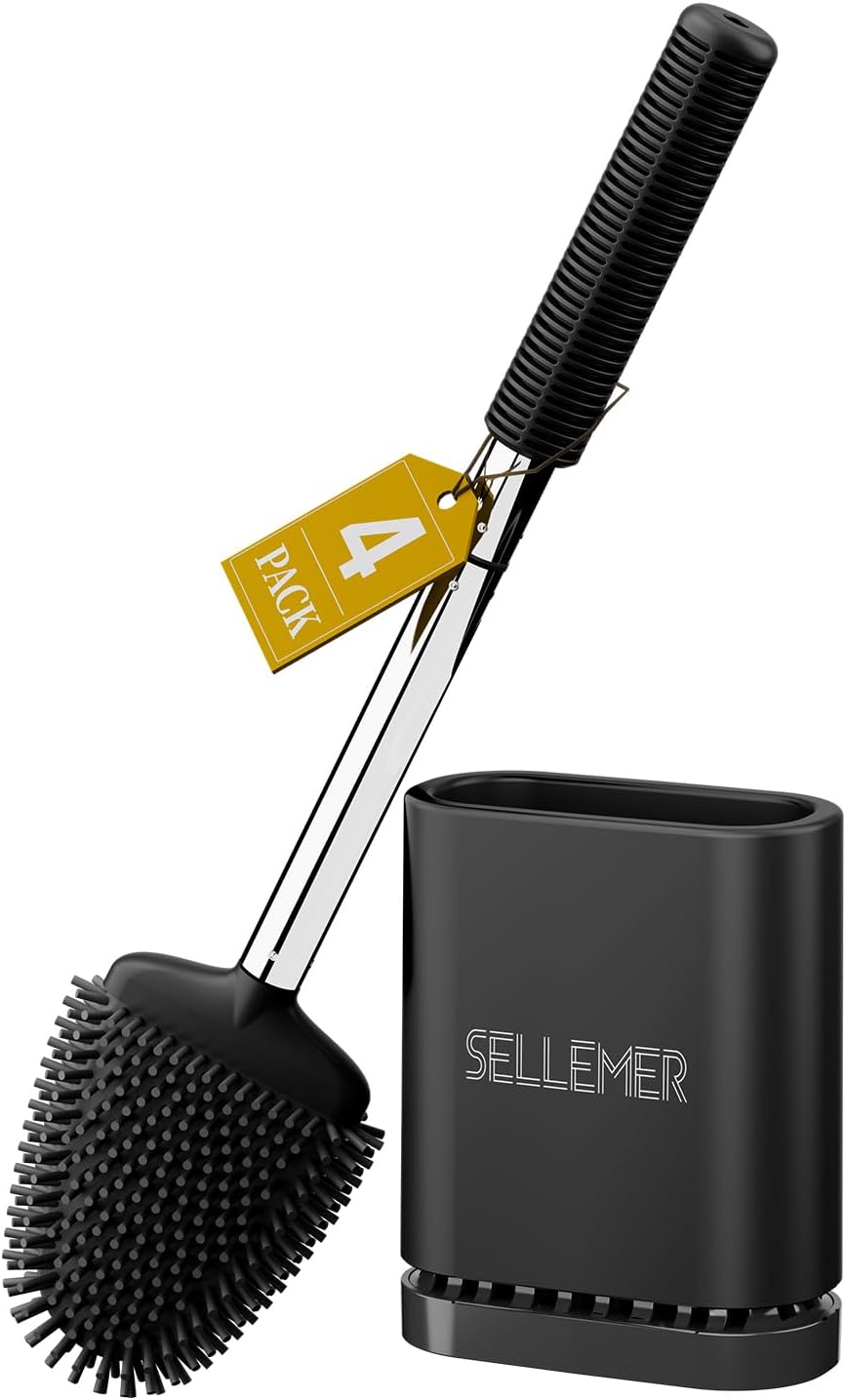 Sellemer Toilet Brush and Holder Set - Flexible Toilet Bowl Brush Head with Silicone Bristles, Compact Size for Storage and Organization, Ventilation Slots Base (1 Pack, Silver)