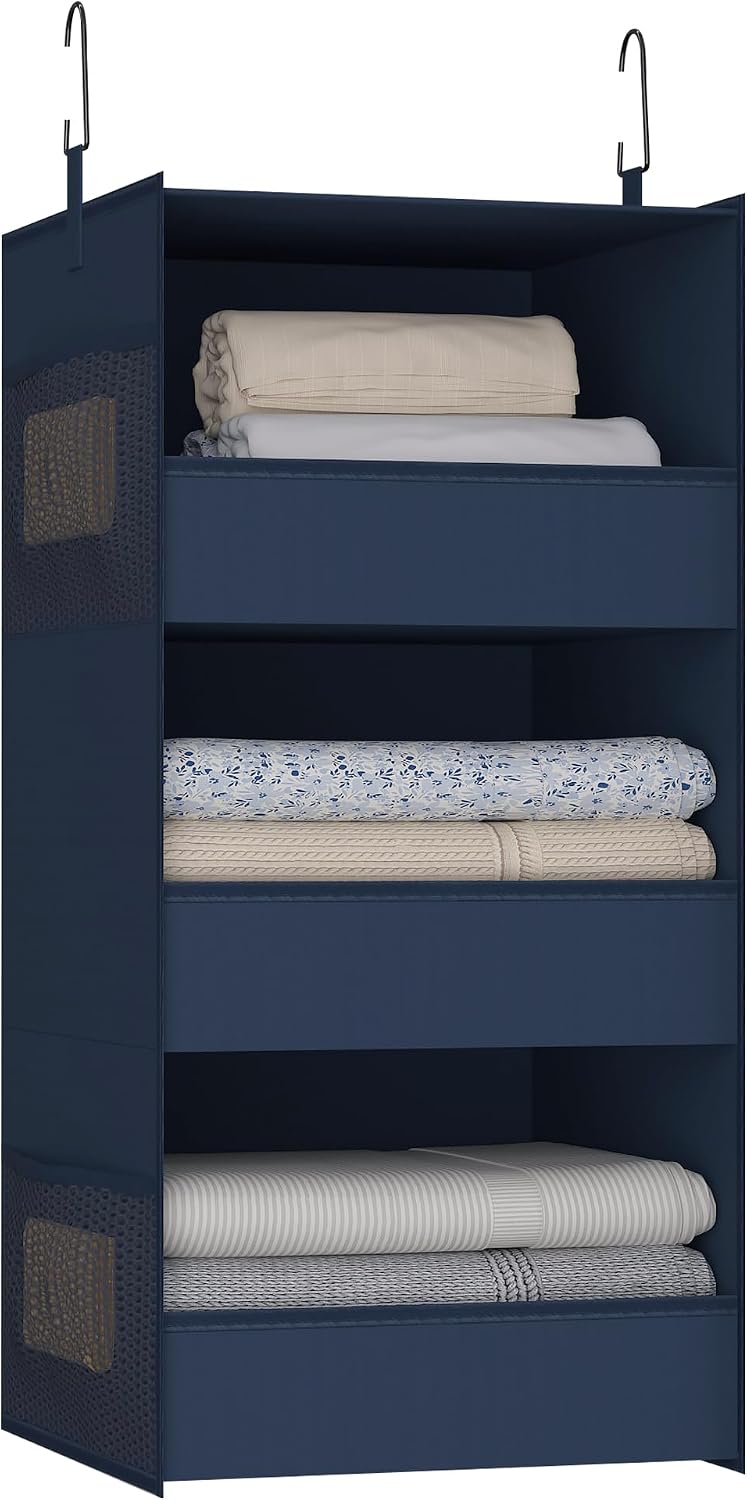 3-Shelf Hanging Closet Organizer, Washable Foldable Storage, Dark Gray | Front lip keeps items secure; side pockets add room; Oxford fabric handles towels, shirts, baby items, dorms, RVs or travel.