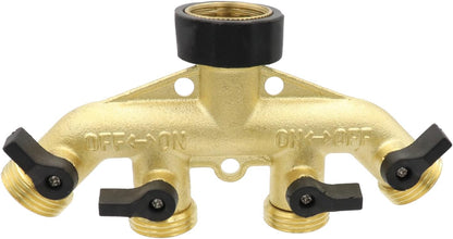 LBY 4 Way Brass Hose Splitter, 3/4" Hose Faucet Manifold, Garden Hose Connector, Tap Splitter, Solid Brass (Golden Yellow)
