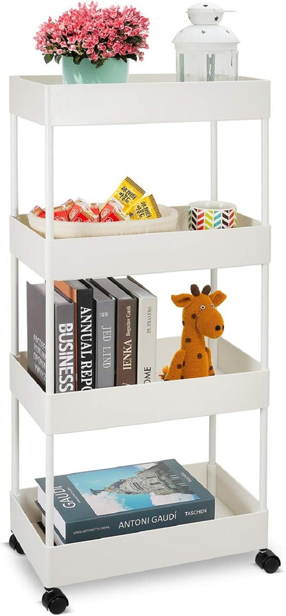 4-Tier Slim Rolling Cart, Slide Out Storage Trolley, Mobile Shelving Unit Organizer with Wheels, Gap Storage Tower Rack for Kitchen Bathroom Laundry Narrow Places
