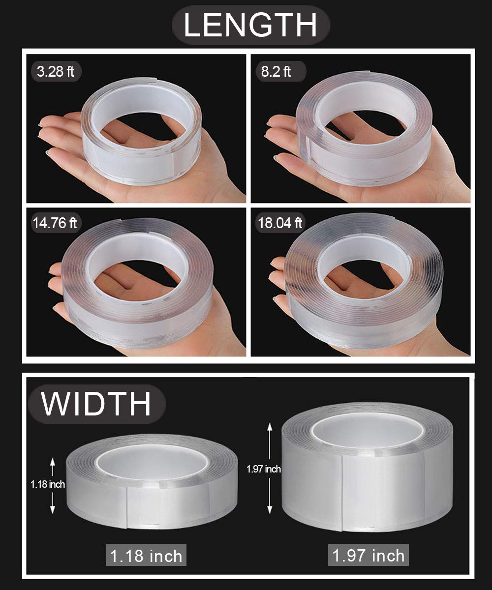 Double Sided Tape, Multipurpose Removable Adhesive Transparent Grip Mounting Tape Washable (1.97 INCH 4.92 FT)