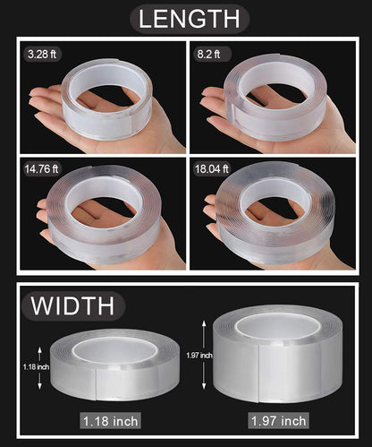 Double Sided Tape, Multipurpose Removable Adhesive Transparent Grip Mounting Tape Washable (1.97 INCH 4.92 FT)