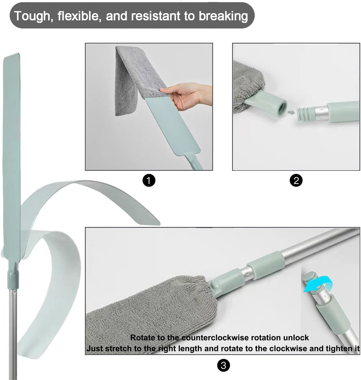 Dust Brush Under Appliance Microfiber Duster with Extension Pole (40 to 55 inches) Bendable, Washable, Extendable Gap Dusters for Sofa Bed Furniture Bottom - Wet or Dry Gray