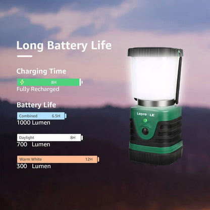 Lepro 1000LM LED Camping Lantern Rechargeable, 4400mAh Green Tent Light with 4 Light Modes, Waterproof Lantern Flashlight for Hurricane Emergency, Camping Essentials, USB Cable Included