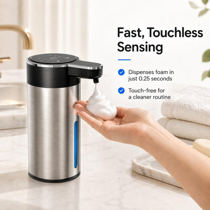 Automatic Foaming Soap Dispenser Touchless, 304 Stainless Steel Hand Soap Dispenser, USB Rechargeable, 4 Adjustable Levels, 13.5 oz (400 ml), for Kitchen & Bathroom (Black, Foam)
