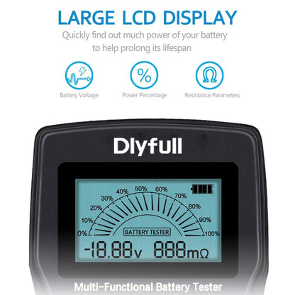 Dlyfull Universal Battery Tester with LCD Display, Small Digital Battery Voltage Resistance Checker for Ni-MH, Ni-CD, Li-ion, Alk & LiFe04 Batteries(AA AAA C D 9V 12V 18650 CR123A 2CR5 CR2032 Cells)