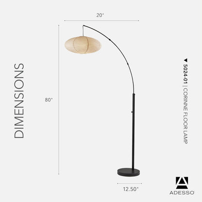 Adesso Arc Floor Lamp, 80” Tall Black Base, Oval Off-White Paper Shade – Convenient Overhead Lighting for Living Room, Nursery, Bedroom or Office