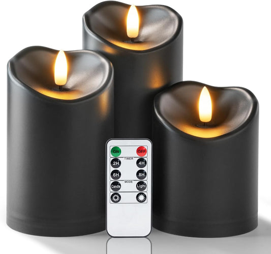 Homemory Black Flameless Candles, Halloween Candles Battery Operated with Remote and Timer, Flickering LED Pillar Candle for Theme Party, Holiday Decor, Set of 3