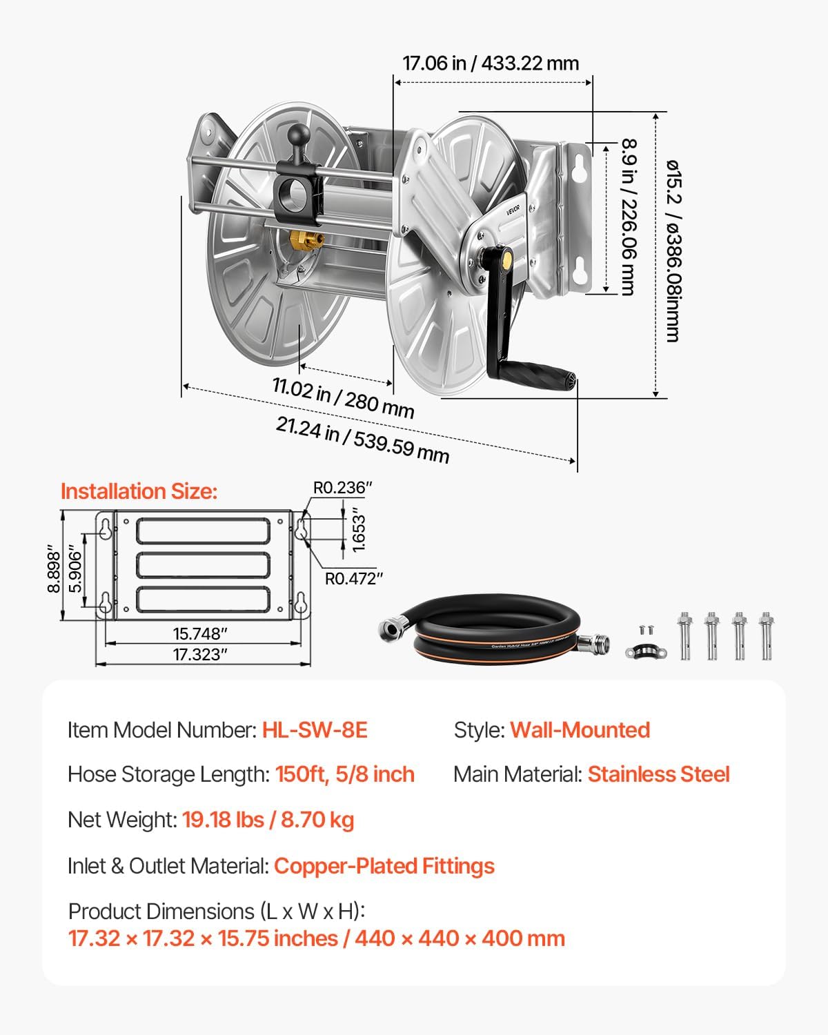 VEVOR Wall Mounted Garden Hose Reel, Holds 125 ft 5/8-inch Hose, Heavy-Duty Water Hose Winder, Space-Saving Design, Outdoor Manual Reel with Brass Fitting and Storage Basket for Yard Lawn