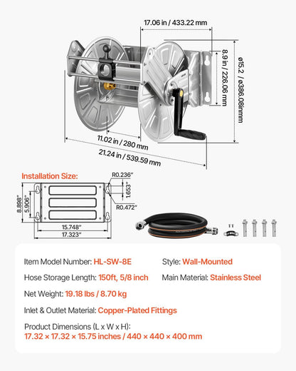 VEVOR Wall Mounted Garden Hose Reel, Holds 125 ft 5/8-inch Hose, Heavy-Duty Water Hose Winder, Space-Saving Design, Outdoor Manual Reel with Brass Fitting and Storage Basket for Yard Lawn