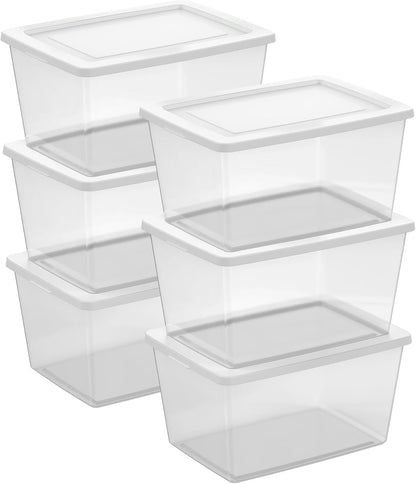 Sterilite 6 Pack Storage Box, 41 Quart Stackable Tote, Clear Plastic Container with Secure Snapping White Lids for Home and Office Organization
