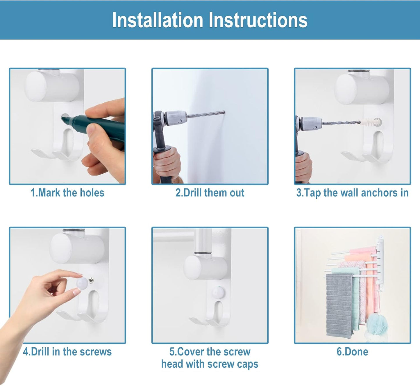 5-Arm Swivel Towel Rack - 180° Rotating Wall Mounted, 304 Stainless Steel Rustproof, Heavy Duty Bathroom Accessories, Space Saving Towel Organizer for Bathroom Kitchen Laundry - Pearl White