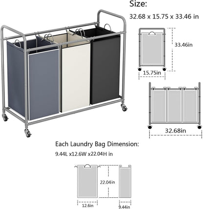 LINZINAR 3-Bag Laundry Hamper, Black Laundry Basket, 35.6 Gal(135 L) Laundry Sorter Cart Laundry Room Organization with Heavy Duty Rolling Lockable Wheels and Removable Bags