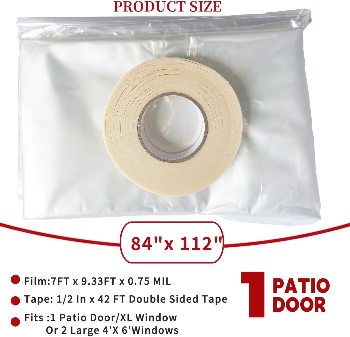 Large Patio Door Shrink Film Window Insulation Kit 84-Inch By 112-Inch，Clear, Keeps Cold Air Out and Warm Air in (1 Pack)