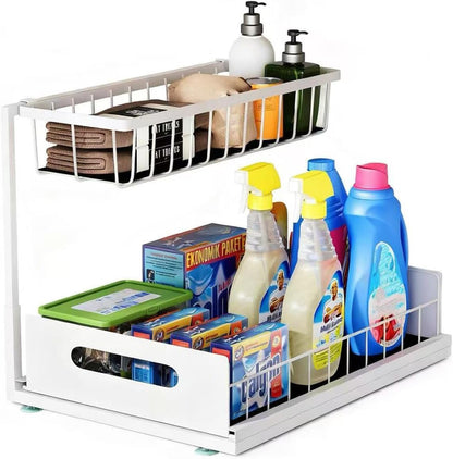 Under Sink Organizer, 2 Tier Pull-Out Cabinet Storage Shelf, Rust-Resistant Metal Organizer for Kitchen Bathroom Laundry Room, No Tools Installation, 1 Pack Black