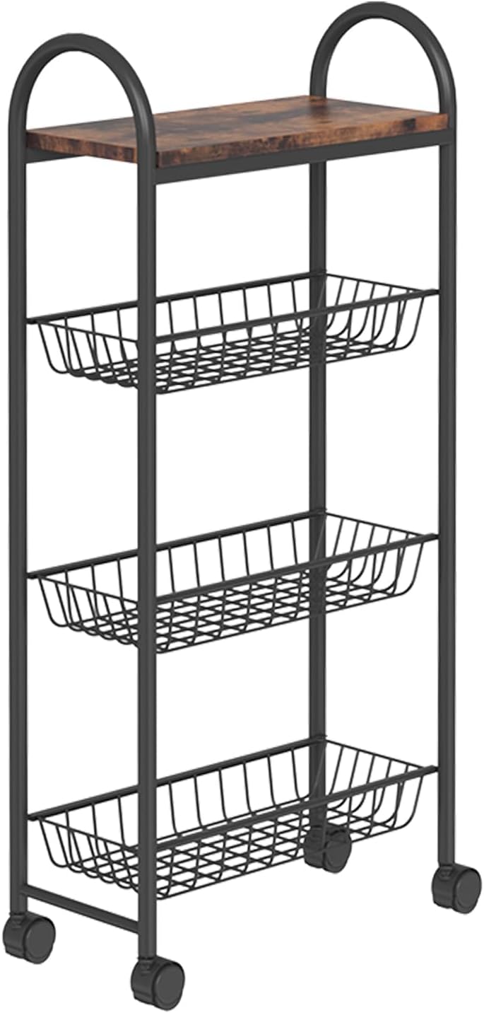 CHOEZON Slim Storage Cart, Storage Shelf on Wheels, Storage Rack with Pull-Out Baskets, Movable Cart with Handles, for Kitchen, Laundry Room, Living Room, Black and Rustic Brown TTC05BF