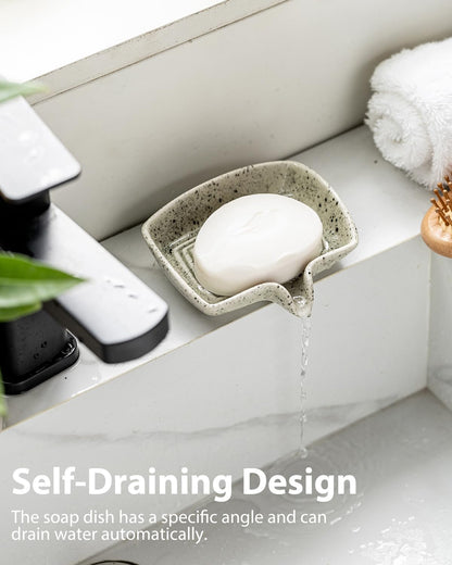 Self Draining Soap Dish, Ceramic Drain Soap Holder Waterfall Design Soap Saver for Shower, Bathroom, Sink, Kitchen and Countertop, Keeps Dry, Green