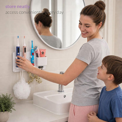 simpletome Adhesive Electric Toothbrush Holder Wall Mounted (White) | no drilling required | adhesive installation | 2pcs self-adhesive tape included | abs plastic | with 6hooks | razor hanger