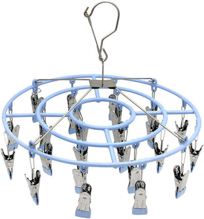 Stainless Steel Clothes Sock Drying Rack with 24 Clips, Swivel Hook Windproof Clothes Hanger Rack for Sock, Bras, Towel, Underwear, Laundry Clothes, Hat, Scarf, Pants, Gloves (Pink Clips)