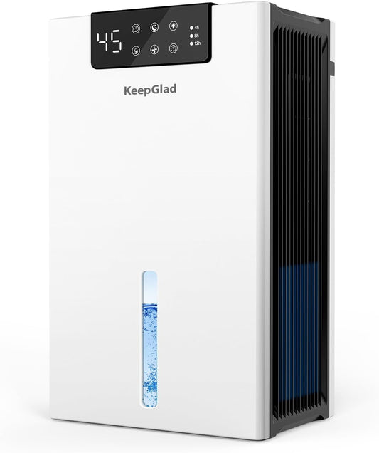 KeepGlad Dehumidifier, 98OZ Dehumidifiers for Home(1000sq.ft), Humidity Display Dehumidifier for Basement Bathroom Bedroom, Auto Shut Off, Washable Filter, Drain Hose, Timer, 7 Ambient Lights, White