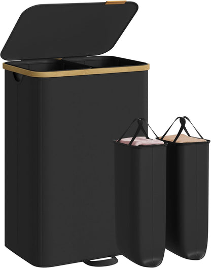 SONGMICS Laundry Hamper, Laundry Sorter with Lid, Storage Basket Bin, Removable Liners, Bamboo Frame, for Bedroom, 3 Sections, 44.9 Gal. (170 L), Ink Black ULCB533BH01