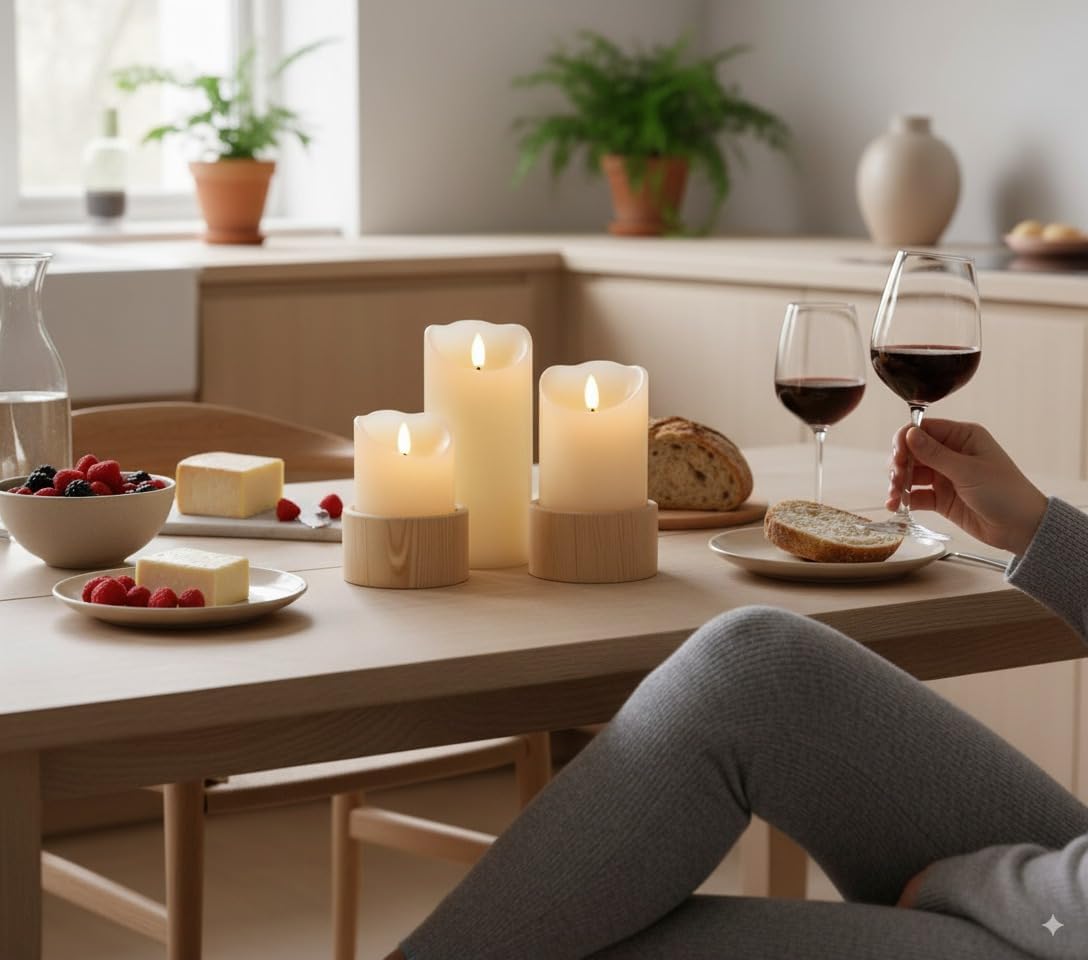 VENTA Set of 3 White Pillar Candles | Real Wax Battery Operated Flickering LED Candles with Remote | Timeless Decor for Farmhouse, Modern & Mantel Displays