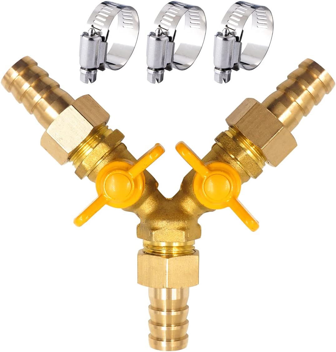 brass 3/4 inch O.D. barb three way shut off ball valve for gas hose air water pvc pex garden tubing fuel line, tee switch splitter fitting