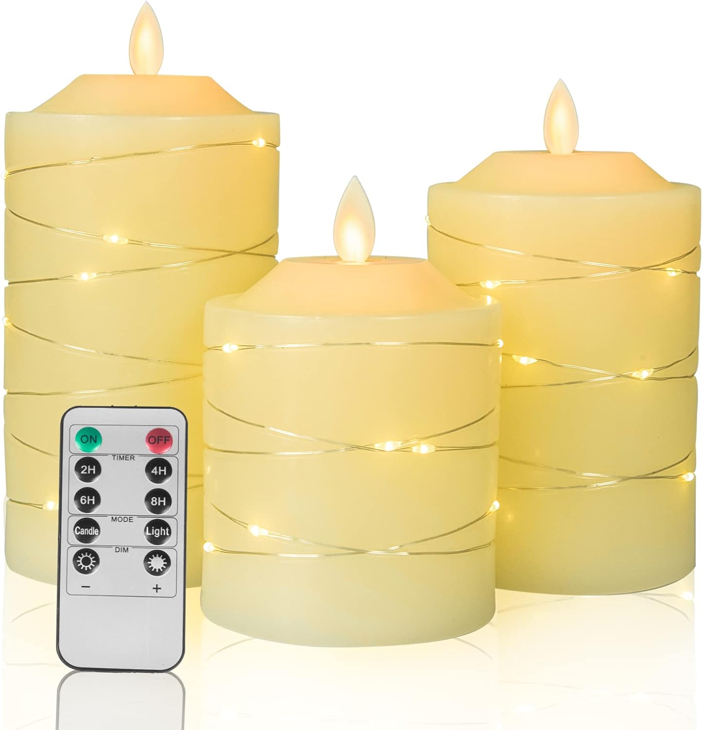 Flameless Flickering Battery Operated Candles D2.2''*H4 5" 6" 7" 8" 9" Set of 9 Ivory Real Wax Pillar LED Candles with 10-Key Remote and Cycling 24 Hours Timer (Ivory)