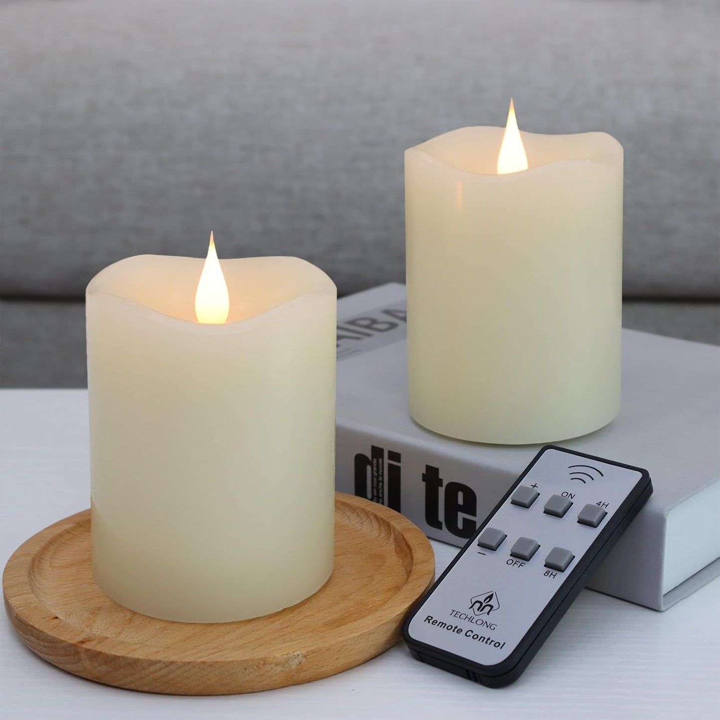 TECHLONG Flameless Candles Battery Operated with Remote Timer, 3D Moving Flame Flickering, Last 600+ Hours Battery Candles, 3" x 3" Ivory Real Wax Electric LED Candle for Wedding Party, Set of 2