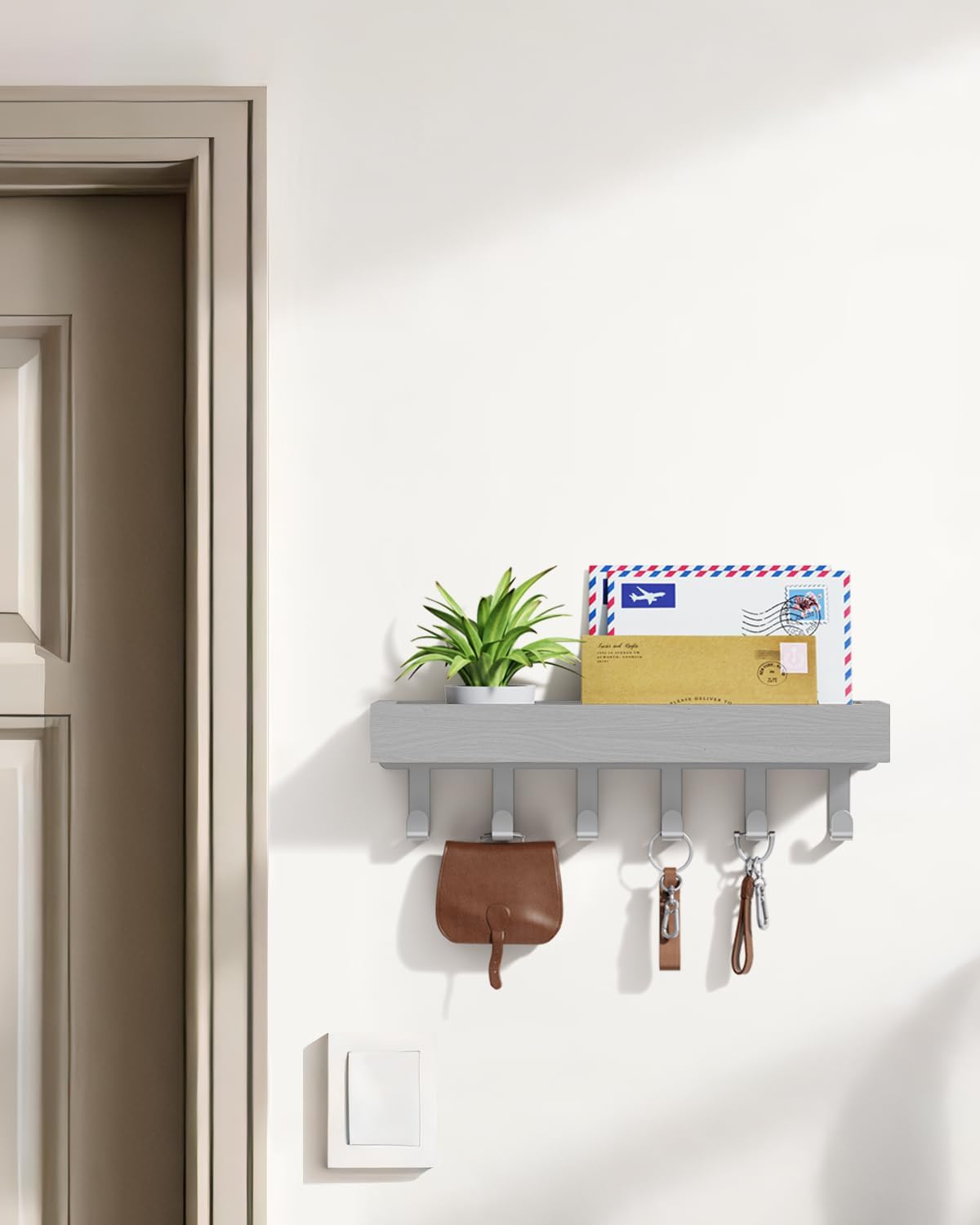 Key Holder Wall Mount Adhesive Magnetic - Hanging Key Hooks with Mail Organizer for Wallet House Accessories - Keys Hanger Rack with Shelf for RV Camper Entryway Door Home Living Room Decor Black
