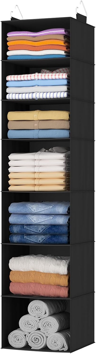 Lifewit 5 Tier Hanging Closet Organizer and Storage for Shelves, Foldable Clothes Shelf with 2 Sturdy Hooks, Sweater/Coat/Shoes Clothing Organization for Wardrobe, Dorm, Bedroom, Gray