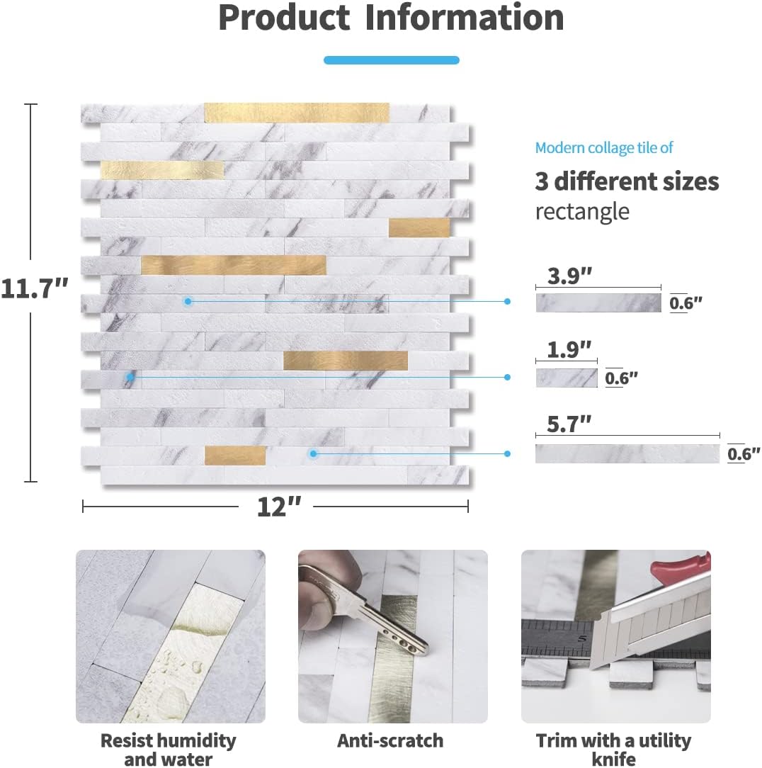 Art3d 10-Sheet Peel and Stick Backsplash Tile for Kitchen Bathroom Fireplace Laundry Room in White Slate with Gold Studded
