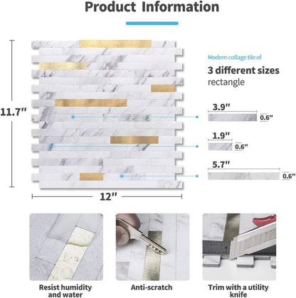Art3d 10-Sheet Peel and Stick Backsplash Tile for Kitchen Bathroom Fireplace Laundry Room in White Slate with Gold Studded