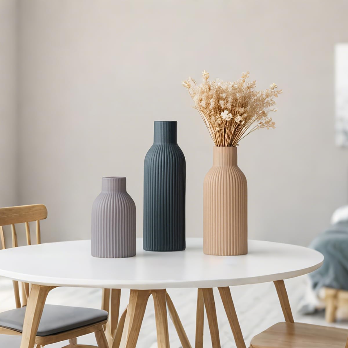 Modern Ceramic Vases Set of 3, Coffee Table Ribbed Decorative Vases, Shelf Table Centerpiece for Home Decor (Coffee Mix)