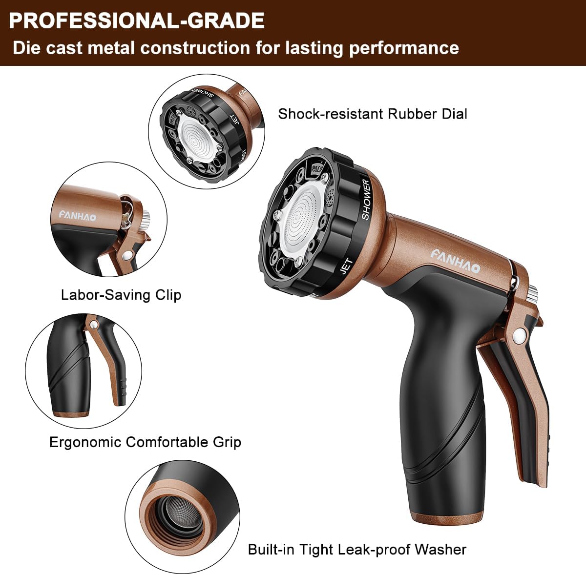 FANHAO Metal Garden Hose Nozzle, Heavy Duty Water Hose Sprayer with 6 Spray Patterns, High Pressure Water Hose Nozzle with Rear Trigger, Ideal for Outdoor Lawn & Plant Watering, Car & Pet Washing