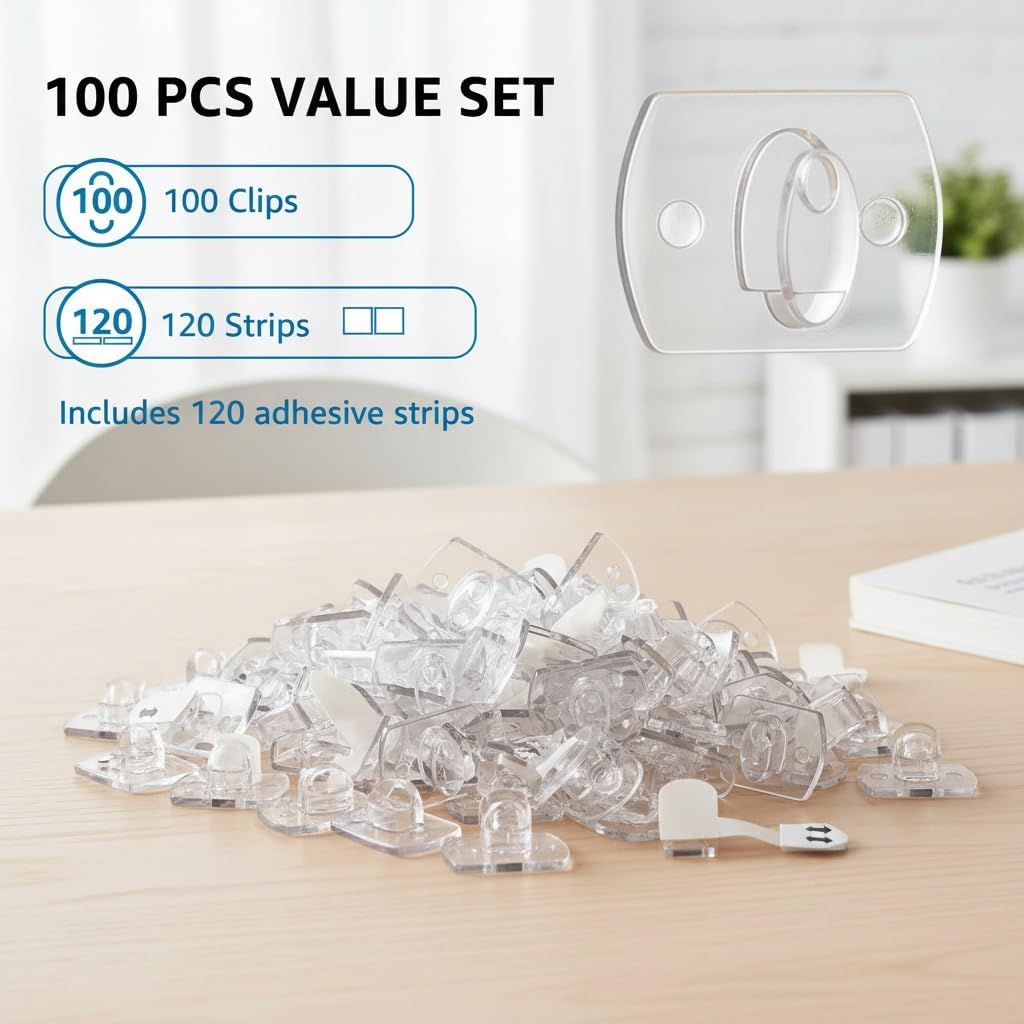 100 Pack Clear Cable Clips Adhesive with 120 Removable Strips, Small Transparent Cord Management Clips for Wall & Desk, Damage Free Self Adhesive Wire Holders