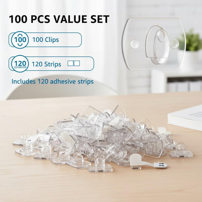 100 Pack Clear Cable Clips Adhesive with 120 Removable Strips, Small Transparent Cord Management Clips for Wall & Desk, Damage Free Self Adhesive Wire Holders
