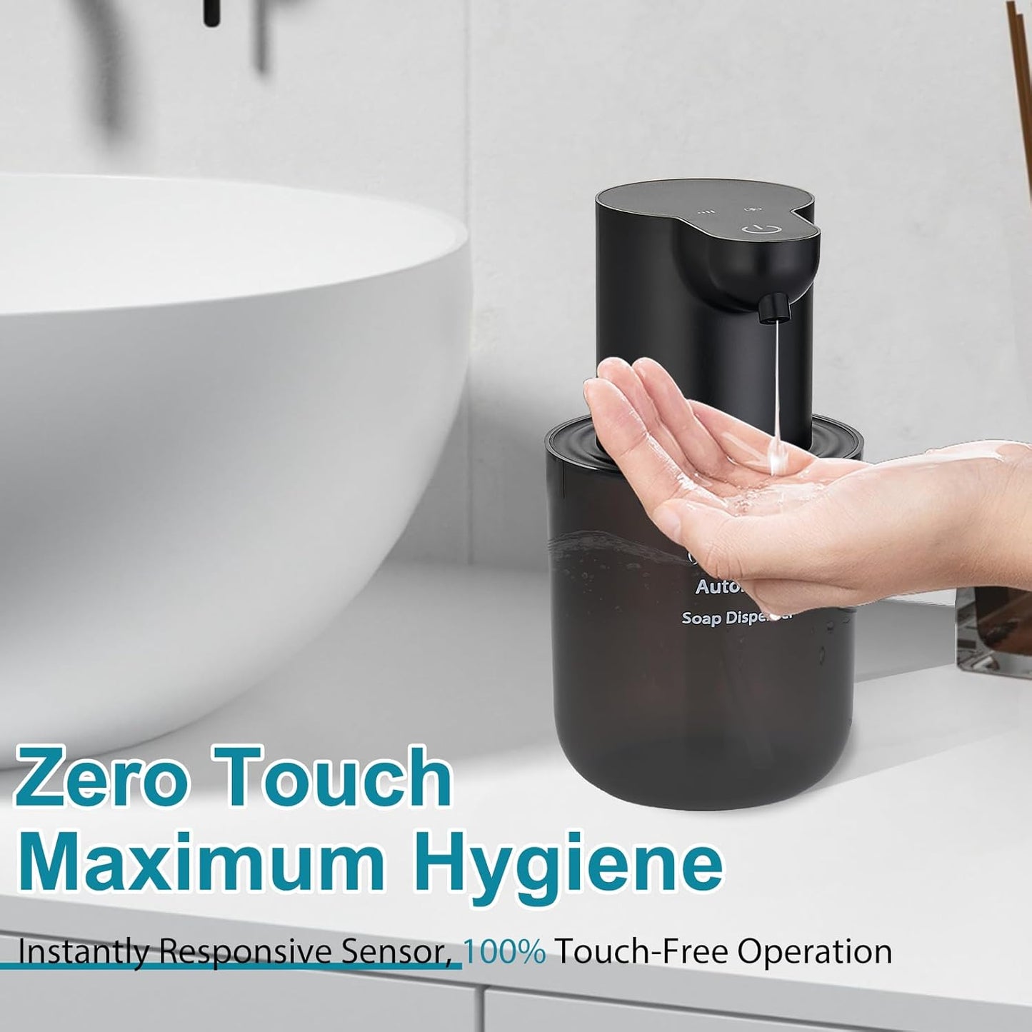 Automatic Foaming Soap Dispenser for Bathroom: 4-Level Adjustable Countertop/Wall Mount Hand Soap Dispenser, 13.5oz/400ml Type-C Rechargeable – Suitable for Kitchen, Bathroom, Office, Hotel (Black)