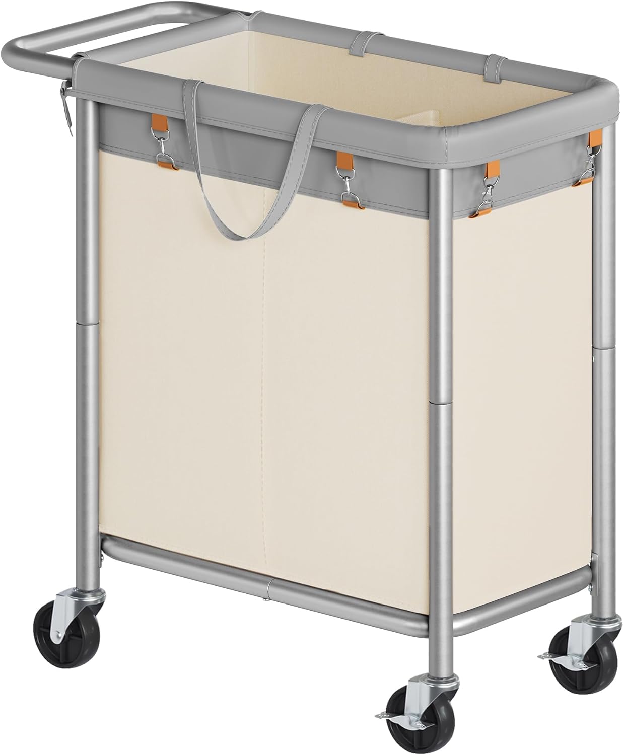 SONGMICS Laundry Basket with Wheels, 3-Section Rolling Laundry Hamper, 52.8 Gallons (200 L), Removable Liner, Steel Frame with Handle, 35.8 x 15.4 x 31.9 Inches, Cream White URLS005W01