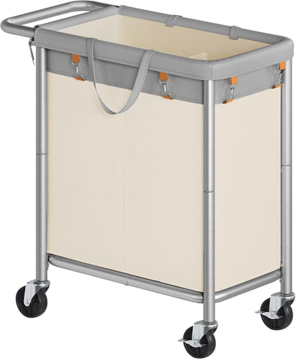 SONGMICS Laundry Basket with Wheels, 3-Section Rolling Laundry Hamper, 52.8 Gallons (200 L), Removable Liner, Steel Frame with Handle, 35.8 x 15.4 x 31.9 Inches, Cream White URLS005W01