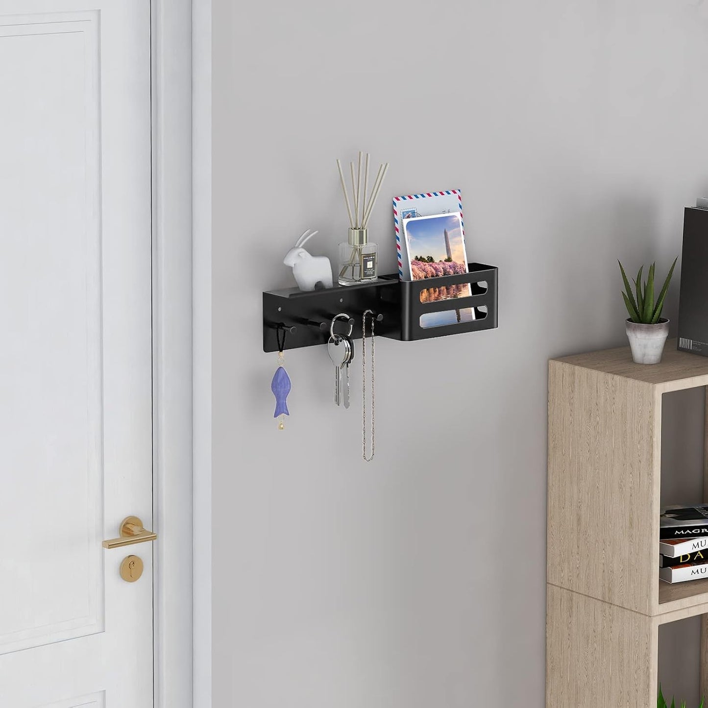 MKO Key Holder Wall Mount, Key Holder Wall Mount Adhesive with Mail Organizer Tray with 6 Key Hooks for Wall, Black