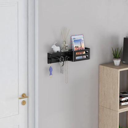 MKO Key Holder Wall Mount, Key Holder Wall Mount Adhesive with Mail Organizer Tray with 6 Key Hooks for Wall, Black