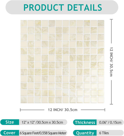 VEELIKE Cream Beige Mosaic Peel and Stick Backsplash for Kitchen Backsplash Tiles Peel and Stick Waterproof Wall Tile Stickers 12''x12'' 6 Sheet Removable Self Stick on Backsplash for Kitchen Bathroom