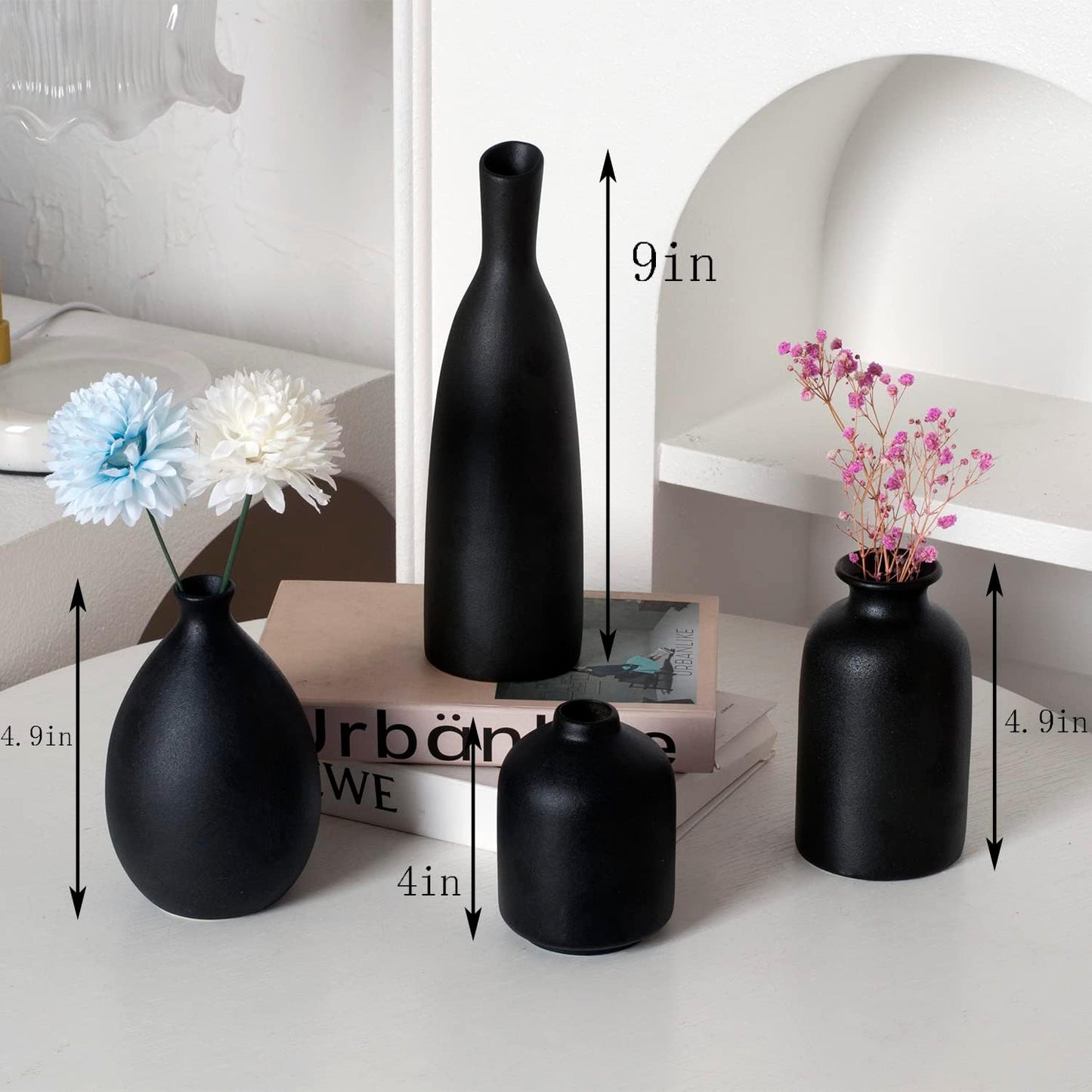 White Ceramic Vase Set of 4, Classic Matte Vases Home Decorations for Table Shelf Office Decor (White)