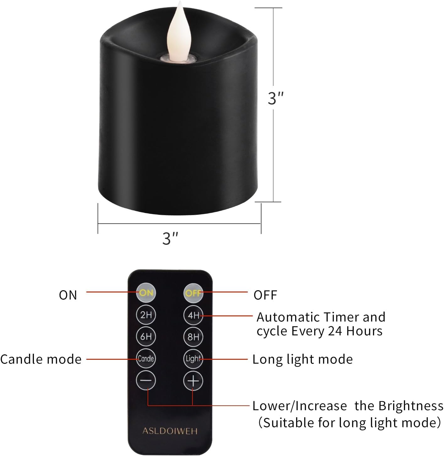 3x3 Flickering Flameless Candles Set of 2, 2AA Battery Life 600 Hours Battery Candles Flickering with Timer,3 inch Flameless Candles with Remote for Indoor/Outdoor, Ivory