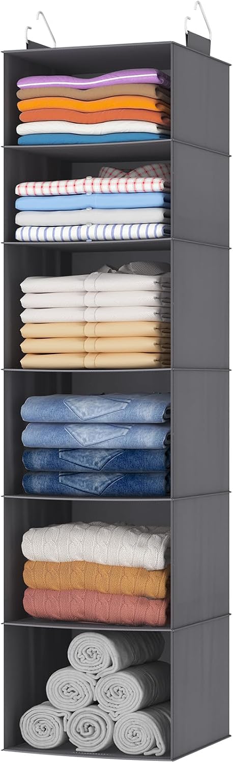 Lifewit 5 Tier Hanging Closet Organizer and Storage for Shelves, Foldable Clothes Shelf with 2 Sturdy Hooks, Sweater/Coat/Shoes Clothing Organization for Wardrobe, Dorm, Bedroom, Gray