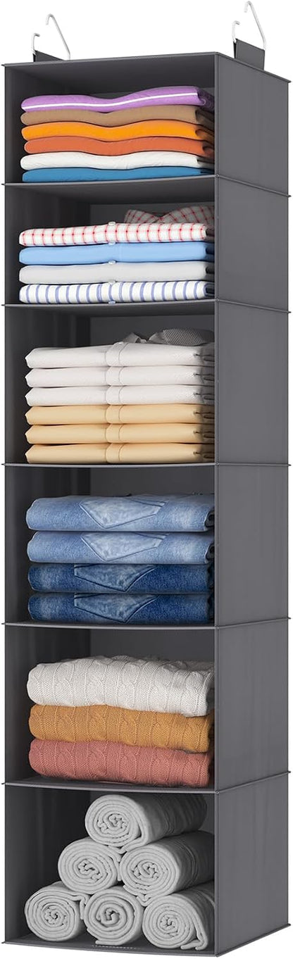 Lifewit 5 Tier Hanging Closet Organizer and Storage for Shelves, Foldable Clothes Shelf with 2 Sturdy Hooks, Sweater/Coat/Shoes Clothing Organization for Wardrobe, Dorm, Bedroom, Gray